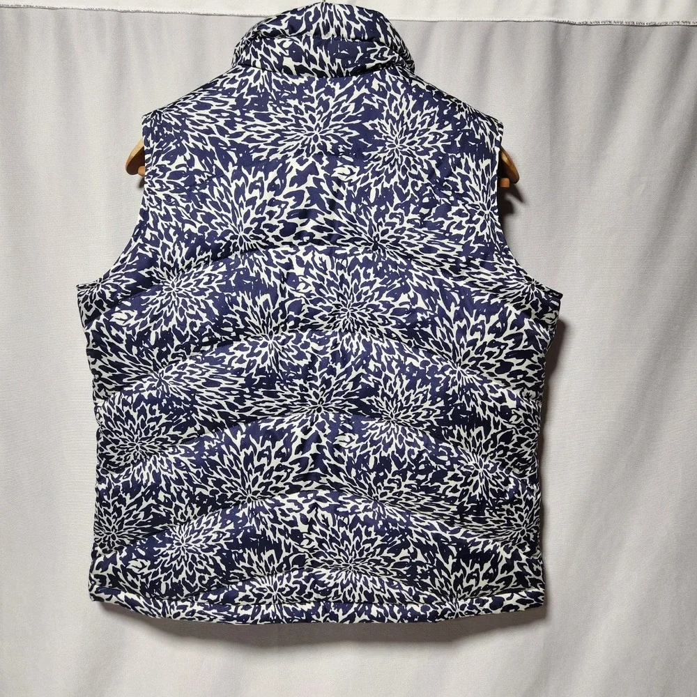 LANDS' END navy Blue/White Floral‎ Down Puffer Vest Insulated full-zip L (14-16)